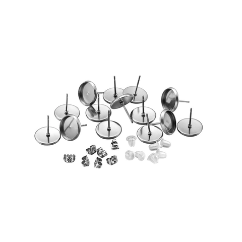 304 Stainless Steel Flat Round Earring Stud Tray Base With Butterfly Metal And Silicone Earring Backs DIY Jewelry Making Supplies