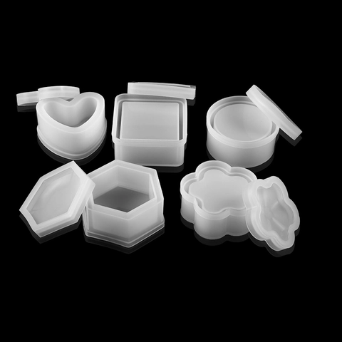 Juego de Moldes de Silicona para Caja de Almacenamiento DIY Corazón Cuadrado Hexágono Redondo Flor de Ciruelo Moldes con Tapas Resina