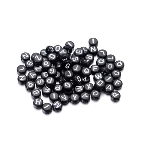 Acrylic Round Flat Letter Beads Black Base White English Alphabet Craft Beads For DIY Jewelry Making Bracelet Necklace