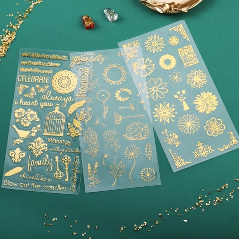 Vintage Bronzing Goudfolie Decoratieve Stickers Bloemen Engelse Letter DIY PET Materiaal Stickers Voor Scrapbooking Cadeau Decor