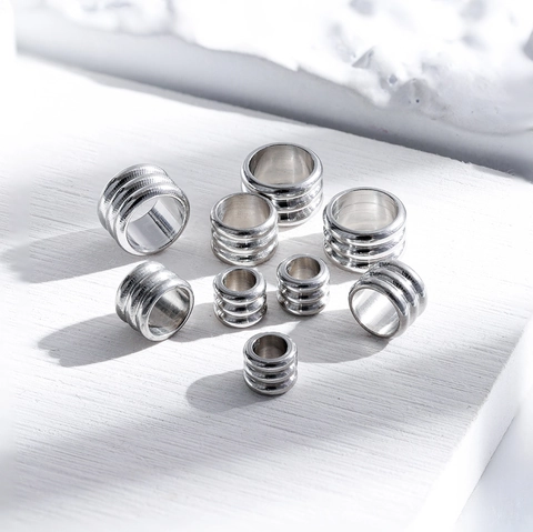 Vintage Stainless Steel Ribbed Spacer Beads Cylindrical Large Hole Barrel Beads For DIY Bracelet Necklace Jewelry Making