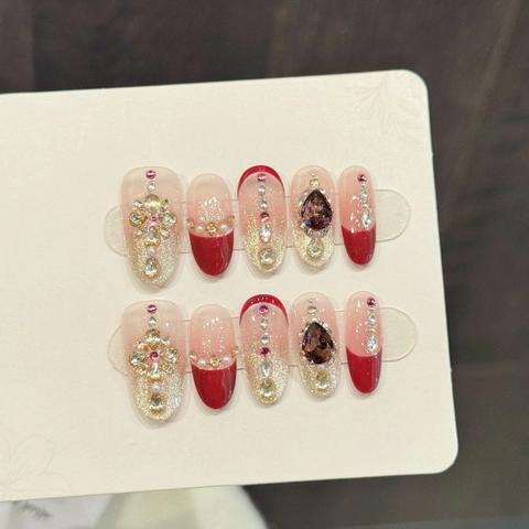 Uñas Postizas Hechas a Mano Esmalte Rojo Vino Estilo Palacio Ovaladas Largas Degradado Francés Con Diamantes de Imitación Perla Artificial Lujo