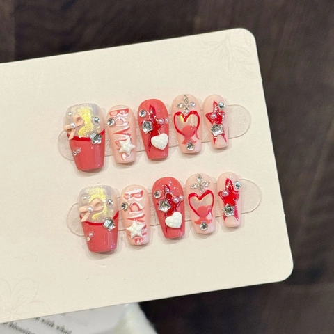 Handmade 3D Heart Star Press On Nails With Rhinestone Artificial Pearl Decoration Sweet Cool Y2K Style Glue On Nails For Women