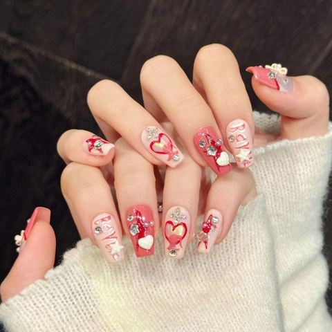 Handmade 3D Heart Star Press On Nails With Rhinestone Artificial Pearl Decoration Sweet Cool Y2K Style Glue On Nails For Women