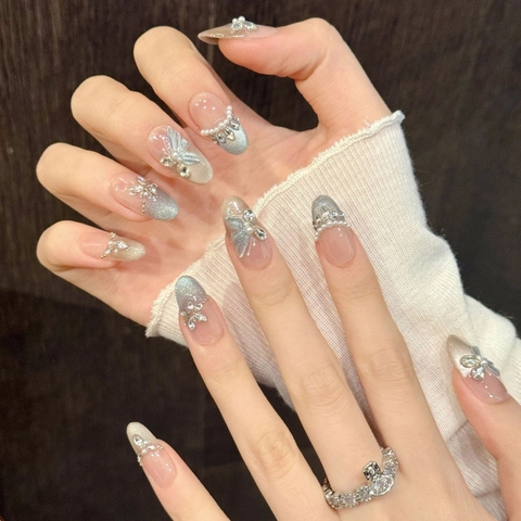 Unghie Finte a Pressione Blu Occhio di Gatto Con Farfalla 3D Strass Perla Artificial Elegante Fatto a Mano per Matrimonio Donna
