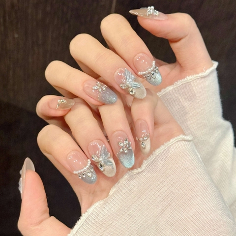 Unghie Finte a Pressione Blu Occhio di Gatto Con Farfalla 3D Strass Perla Artificial Elegante Fatto a Mano per Matrimonio Donna