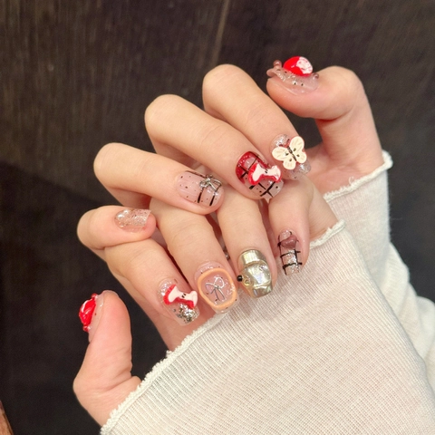 Handgefertigte Weihnachts-Press-on-Nägel Rot Karo 3D Apfel Schmetterling Schleife Design Luxus Wiederverwendbare Falsche Nägel Für Damen