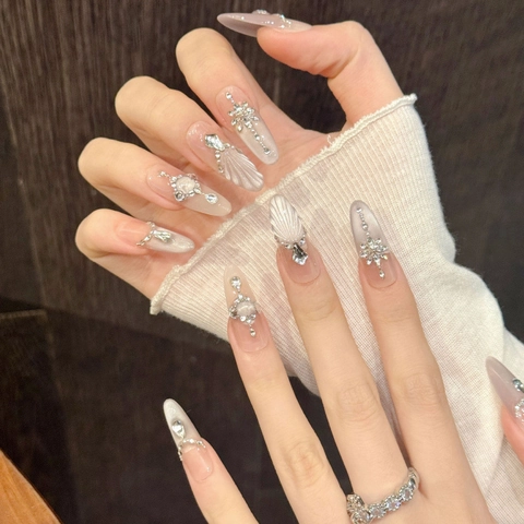 Handgefertigte Lange Sarg Oval Aufdruckbare Nägel 3D Muscheltextur Katzenauge Farbverlauf Künstliche Perle Strass Künstliche Nägel Damen