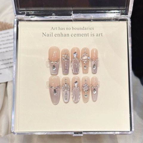 Handgefertigte Lange Sarg Oval Aufdruckbare Nägel 3D Muscheltextur Katzenauge Farbverlauf Künstliche Perle Strass Künstliche Nägel Damen