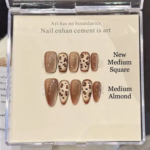 Handmade Cat Eye Leopard Print Press On Nails Luxury Caramel Brown Gold Autumn Winter Reusable Fake Nails For Women