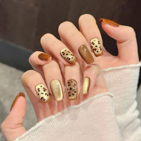 Handmade Cat Eye Leopard Print Press On Nails Luxury Caramel Brown Gold Autumn Winter Reusable Fake Nails For Women