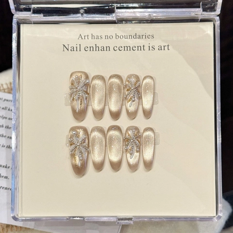 10 Stück Handgefertigte Champagner Gold Katzenauge Künstliche Nägel Mit Künstlicher Perle Strass Elegante Ovale Falsche Nägel