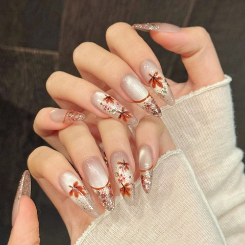 Unghie Finte Fatte a Mano Occhio di Gatto Mandorla Lunga Design Foglia d'Acero Autunnale Strass Glitter Unghie Finte Con Kit di Attrezzi per Donna