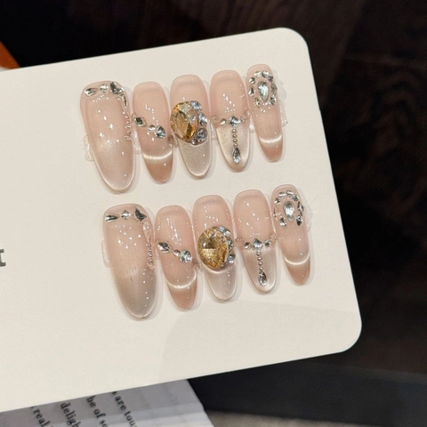 Uñas Postizas a Presión Hechas a Mano Ojo de Gato Degradado Rosa Strass Incrustado Juego de Uñas Postizas de Lujo para Mujer