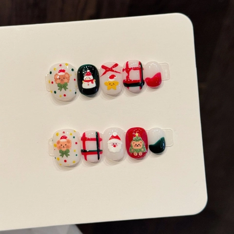Unghie Finte 3D Fatte a Mano Orso di Natale Rosso Verde Scacchi Babbo Natale Pupazzo di Neve Design Corte Donna