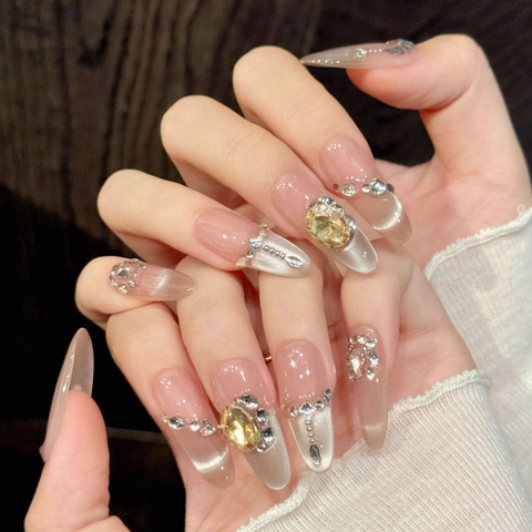 Uñas Postizas a Presión Hechas a Mano Ojo de Gato Degradado Rosa Strass Incrustado Juego de Uñas Postizas de Lujo para Mujer