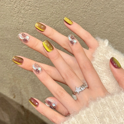 Uñas Postizas a Presión de Ojo de Gato Hechas a Mano Degradado Marrón Dorado Uñas Postizas de Ataúd de Lujo Para Mujer