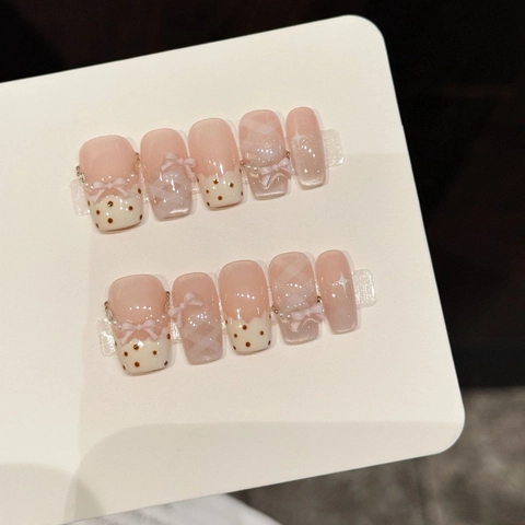 Unghie Finte a Pressione con Fiocco Dolce Rosa Nude Quadri Pois 3D Perla Artificiale Unghie Artigianali per Donna