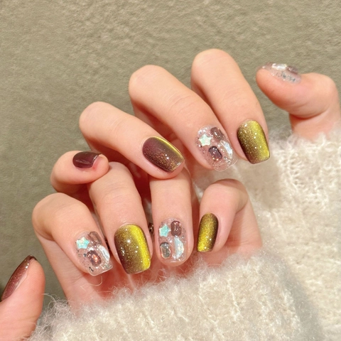 Uñas Postizas a Presión de Ojo de Gato Hechas a Mano Degradado Marrón Dorado Uñas Postizas de Ataúd de Lujo Para Mujer