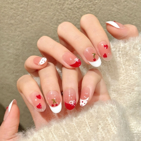Handgefertigte Kirsche Herz Süß Nägel Zum Aufdrücken Mit Schleife Rot Weiß Gepunktet Oval Künstliche Nägel DIY Set