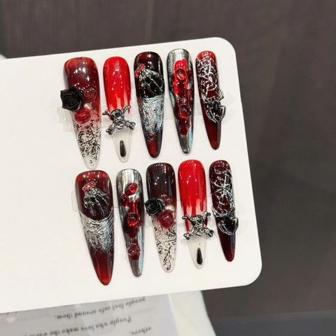 Uñas Postizas a Presión Gótico Oscuro Sangre Esqueleto Rosa Negra 3D Calavera Cruz Telaraña Uñas de Estilete Mujer