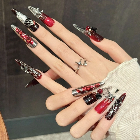Uñas Postizas a Presión Gótico Oscuro Sangre Esqueleto Rosa Negra 3D Calavera Cruz Telaraña Uñas de Estilete Mujer