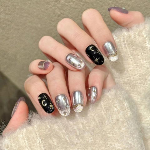 Handcrafted Starry Night Press On Nails Star Moon Cat Eye Purple Black Gradient Fake Nails Rhinestone Inlaid Manicure Set For Women