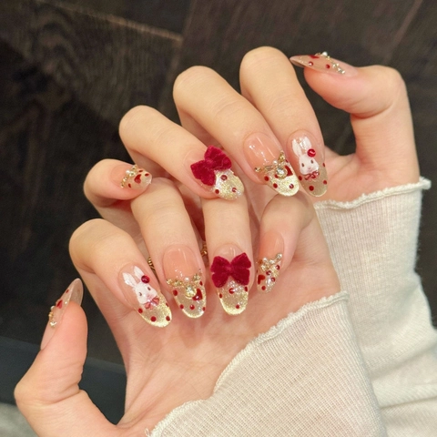 Unghie Finte Fatte a Mano 3D Fiocco Velluto Rosso Coniglio Bianco Oro Glitter Strass Squisito Manicure da Donna