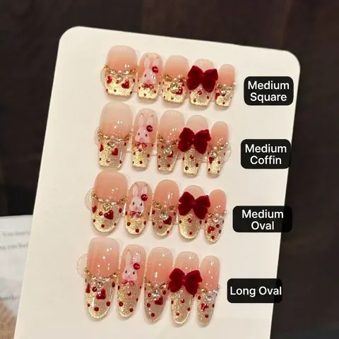 Unghie Finte Fatte a Mano 3D Fiocco Velluto Rosso Coniglio Bianco Oro Glitter Strass Squisito Manicure da Donna
