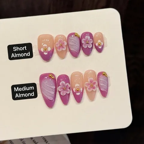 Uñas Postizas Hechas a Mano con Flores 3D en Relieve Degradado Púrpura Forma de Almendra Manicura Elegante para Mujer