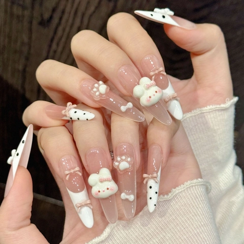 Handgefertigte Aufklebbare Nägel Rosa Farbverlauf Stiletto Mit 3D Hase Bär Schleife Relief Süße Mode Maniküre Für Damen