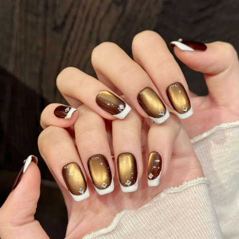 Brown Cat Eye French Tip Press On Nails White Edge Rhinestone Accents Luxury Square Shape Handmade Fake Nails For Women Daily