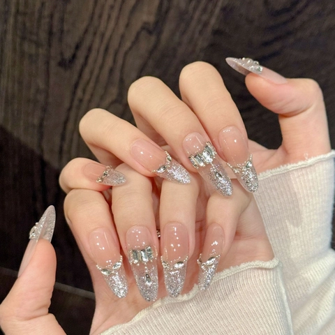 Handgefertigte Rosa Verlauf Künstliche Nägel Mit Silber Glitzer Strass Schleife Lange Mandelform Fake Nails Für Damen