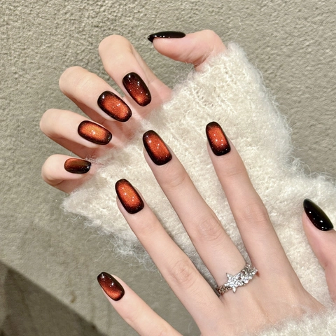 Handgefertigte Künstliche Fingernägel Tiefrot Katzenauge Effekt Kurz Oval Farbverlauf Glitzer Magnetisch Für Damen Täglich Party