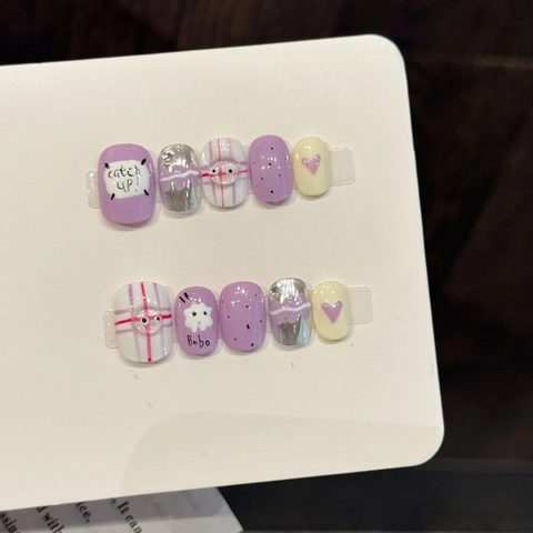 Uñas Postizas Hechas a Mano Corazón Púrpura Espejo Plateado Lazo Dulce Kawaii Gel Uñas Kit de Manicura para Mujer