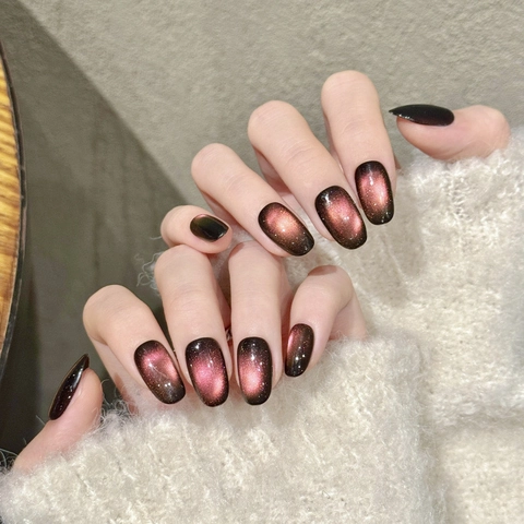Handgemaakte Roodbruine Verloop Magnetische Kattenoog Kunstnagels Elegante Korte Ovale Nagels Met Manicure Tool Kit Vrouwen