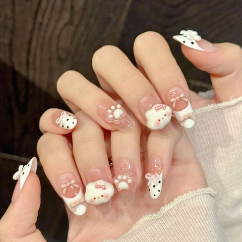 Uñas Postizas a Presión Hechas a Mano Degradado Rosa Blanco Con Relieve 3D Lazo Pata Diseño de Lunares para Mujer