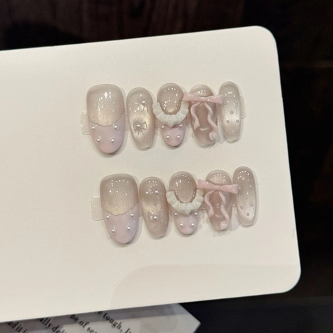 Handmade Soft Pink Gradient Press On Nails With 3D Butterfly Bow Artificial Pearl Decor Sweet Balletcore Cat Eye False Nails