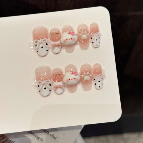 Uñas Postizas a Presión Hechas a Mano Degradado Rosa Blanco Con Relieve 3D Lazo Pata Diseño de Lunares para Mujer