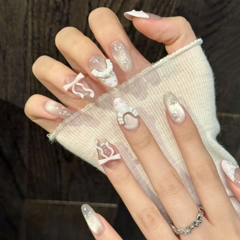 Handmade Soft Pink Gradient Press On Nails With 3D Butterfly Bow Artificial Pearl Decor Sweet Balletcore Cat Eye False Nails