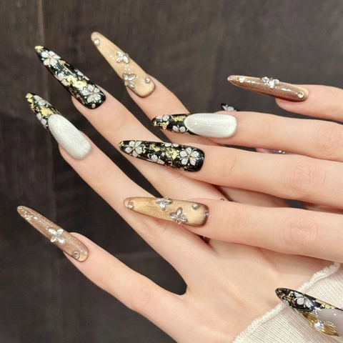 Uñas Postizas Stiletto Extra Largas Hechas a Mano Diseño Mariposa Negro Dorado Efecto Ojo de Gato Strass Para Mujeres