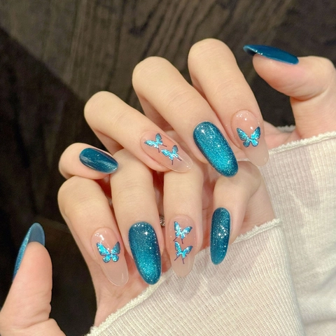 Uñas Postizas de Cristal Azul Mariposa Ojo de Gato Azul Pavo Real Brillo Uñas Postizas Elegante Decoración Mariposa Irisada