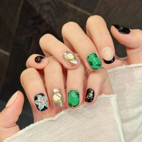 Handmade Press On Nails Short Square Round 3D Flower Bowknot Design Emerald Green Black Silver Foil Artificial Nail Tips