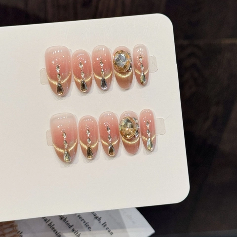 Handgefertigte Pink Farbverlauf Katzenauge Künstliche Fingernägel Luxus Strass Verziert Glänzende Falsche Nägel Mit Werkzeugset