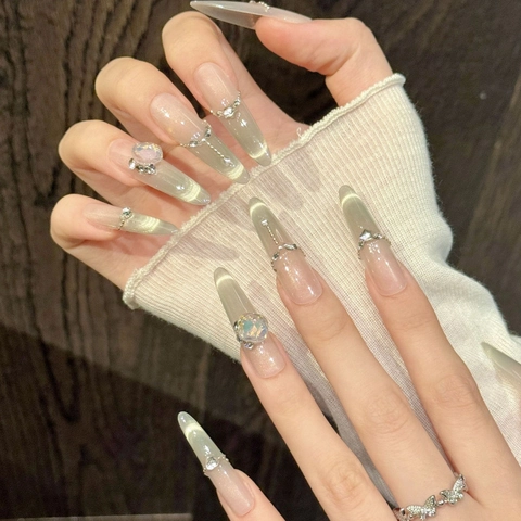 Squisiti Unghie Finte a Pressione Sfumato Oro Occhio di Gatto Plastica Strass Perla Artificiale Lunghe Stiletto per Donna