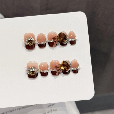 Braun Rosa Farbverlauf Aufpressbare Nägel Schleife Künstliche Perle Strass Verzierung Elegant Luxus Handgefertigt Falsche Nägel