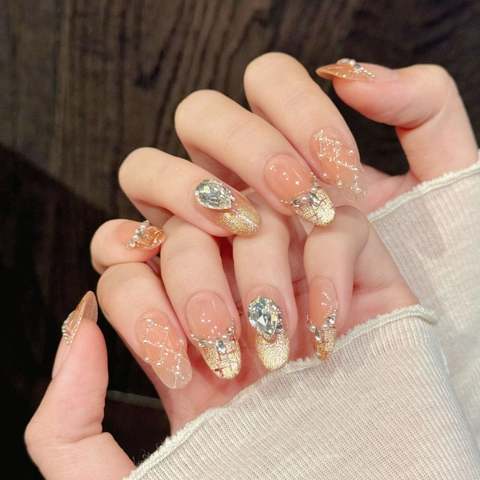 Rosa Farbverlauf Gold Glitzer Künstliche Nägel Mit Strass Künstliche Perle Dekoration Handbemalt Glänzend Luxus Falsche Nagelspitzen