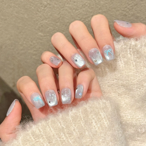 Blue Silver Gradient Cat Eye Press On Nails Handmade Butterfly Bow Star Rhinestone Short Trapezoid Fake Nails For Women