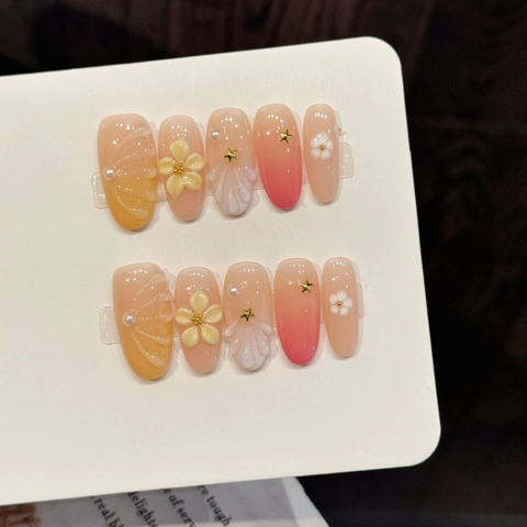 Handmade 3D Flower Press On Nails Pink Orange Gradient Artificial Pearl Metal Star Decorative Elegant Manicure Accessory