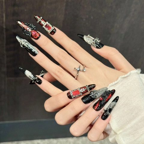 Gothic Dark Red Black Press On Nails 10Pcs Handmade Stiletto Fake Nails With Silver Cross Wings Rhinestone Charms For Women